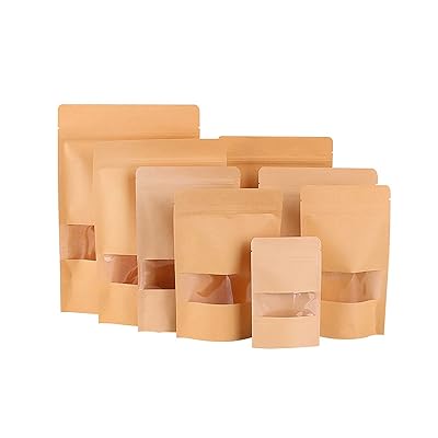 クラフト紙 窓付き ジップ袋 紙袋 50個入 自立バッグ 角底袋 包装バッグ 食品用 キッチン 収納 貯蔵用 再封可能 16cm*22cm