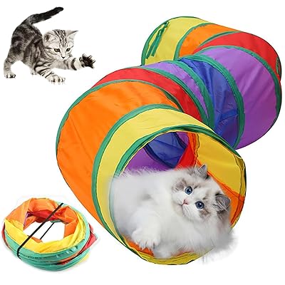 猫トンネル ペット玩具 長い レインボー トンネル 123cm 可水洗いS形長い2穴付き 折りたたみ