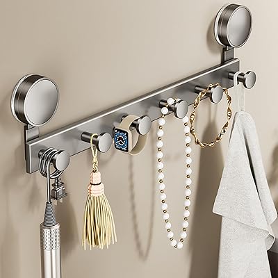 吸盤 フックキッチンツールフック 壁美人 台所 収納 吸盤式取り付けの強力粘着アルミニウム製の防水防錆壁掛け棚、強力吸盤でドリルなしの玄関、浴室、キッチン、リビングルーム用の鍋、衣服、タオルを掛けられる (ガングレー, 6丸)