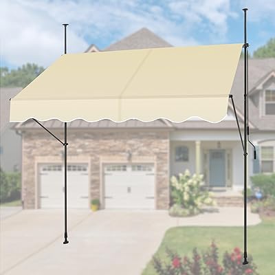 日よけ オーニングテント 2.5m 雨除け つっぱり 目隠しシェード 伸縮式 調節可能 サンシェード 巻き取り式 防水シート UVカット 簡単設置 工事不要 玄関 ベランダ 軒 屋外用 (ベージュ)