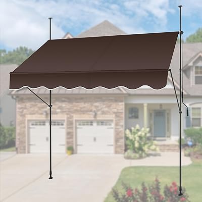 日よけ オーニングテント 2.5m 雨除け つっぱり 目隠しシェード 伸縮式 調節可能 サンシェード 巻き取り式 防水シート UVカット 簡単設置 工事不要 玄関 ベランダ 軒 屋外用 (ブラウン)