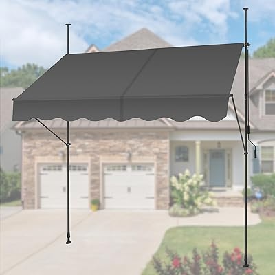 日よけ オーニングテント 2.5m 雨除け つっぱり 目隠しシェード 伸縮式 調節可能 サンシェード 巻き取り式 防水シート UVカット 簡単設置 工事不要 玄関 ベランダ 軒 屋外用 (ブラック)