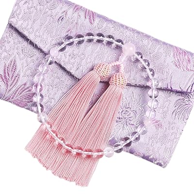 LEOBEE 数珠 念珠 女性用 本水晶 紅水晶(ローズクォーツ) マグネット式数珠袋付き 全ての宗派