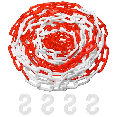 プラスチックバリアチェーン 24フィート（約7.3メートル）赤白プラスチック防水安全チェーンリンク S字型バックル付き 群衆管理/エレベーター/駐車場/車道用 警告バリアリンク