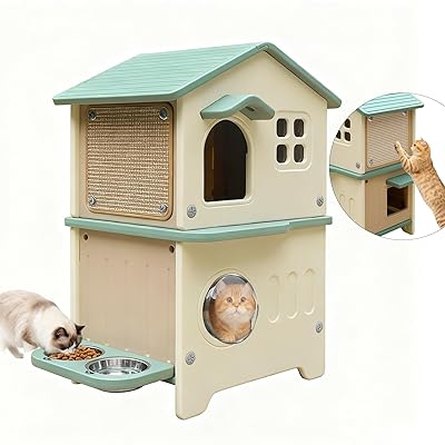 屋外用猫ハウス 耐候性プラスチック製 猫用高台付き食器・猫用スクラッチパッド・脱出ドア