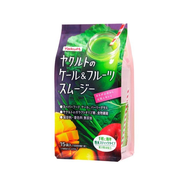 関連商品元気な畑 私の青汁120g(4gx30袋入) 【ヤクルト】...元気な畑 私の青汁200g【ヤクルト】元気な畑 私の青汁240g(4gx60袋入) 【ヤクルト】...1,296円1,728円2,160円ヤクルトのねむりナビ24g(1.6g*15袋入)【ヤクルト】...カラダ計画 大麦若葉(5gx60袋入)【カラダ計画】【ヤクルト】...ヤクルト ウコン＆オルニチン(600粒)【ヤクルト】...1,440円2,640円3,980円ヤクルト ウコン＆オルニチン(600粒)【ヤクルト】...クアトロ焙じ茶（7.1g×31包）クアトロ青汁（7.1g×31包）3,980円3,780円3,780円ステインクリーナー　CLEADENT STAIN CLEANER (付...スマートトラッシュボックス T Air Lite townew (トー...CICA 馬油クリーム 230g シカクリーム ツボクサエキス 馬油ク...1,540円12,980円1,290円商品名 ヤクルトヘルスフーズ ヤクルトのケール＆フルーツスムージー 15袋≪青汁≫ 商品説明 スーパーフード ケールを主原料に、1日に不足している緑黄色野菜約30g※1相当の原料を使用した※2粉末タイプのスムージーです。 内容量 123g（8.2g×15袋） 原材料名 ケールエキス末（ケール搾汁液、デキストリン）、大麦若葉エキス末（大麦若葉、デキストリン）、マンゴーパウダー（デキストリン、マンゴー）、サイリウム種皮、ぶどう糖、果糖、レモン粉末果汁、りんご粉末果汁、デキストリン、ガラクトオリゴ糖／加工デンプン、香料、甘味料（スクラロース）、（一部にりんごを含む） ご注意 ●体質により、まれに身体に合わない場合があります。その場合は使用を中止してください。 ●食品によるアレルギーが認められる方は、原材料名をご確認ください。 ●サイリウムに直接触れる業務（調合、製造等）にたずさわる人が本製品を摂取した場合に、ごくまれに皮膚にかゆみ、発疹の過敏反応を引き起こす可能性があります。 お召し上がり方 この商品は、個包装の粉末タイプです。健康補助食品として、1日当たり1袋を目安に、100ml程度の水に溶かしてお召し上がりください。また、数分置くとよりトロッとした食感をお楽しみいただけます。 製造販売元 株式会社ヤクルト本社 区分 日本国製・健康食品