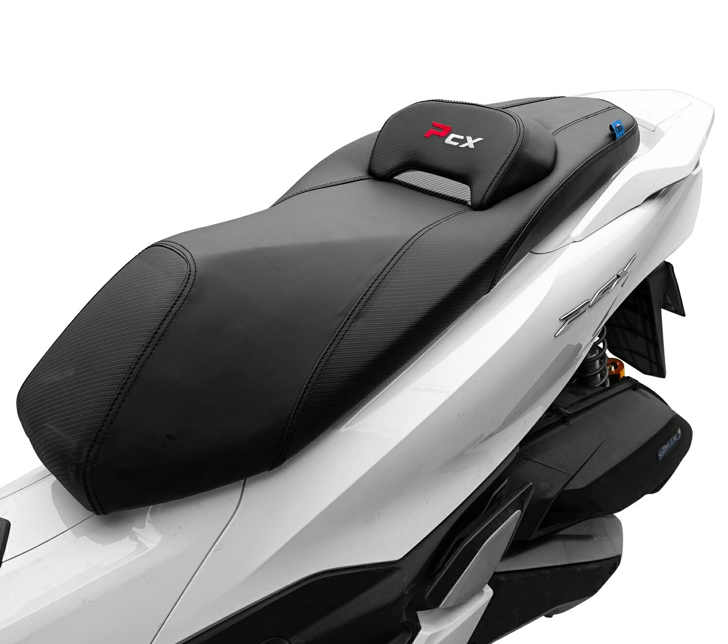PCX 160 2021~2025 シート 2CM ダウン カスタム クッション コーナーバケットシート レザー バックレスト付き シート下げ バイク ブラック ホワイトステッチ 純正交換 【取り寄せ】