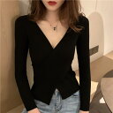 ニット レディース 長袖 カシュクール トップス カットソー セーター Vネック 胸元 セクシー ボディコン タイト 無地 きれいめ インナー 秋