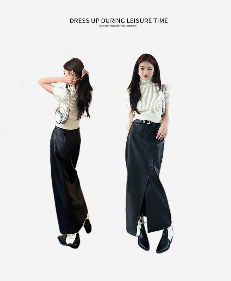 レディース レザー スカート 膝丈 ミモレ丈 タイト ハイウエスト レザースカート puレザー 光沢 ボトムス スリット