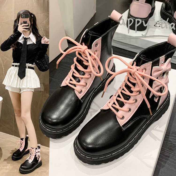 楽天ネクストストアーニコニコ店マーチンブーツ 女の子 ショートブーツ 蝶結び 可愛い コスプレ靴 合成革 PU レディース カジュアル ピンク おしゃれ 美脚 歩きやすい 黒 ダブルジップ ローヒール 革靴 通勤 通学 ファッションブーツ