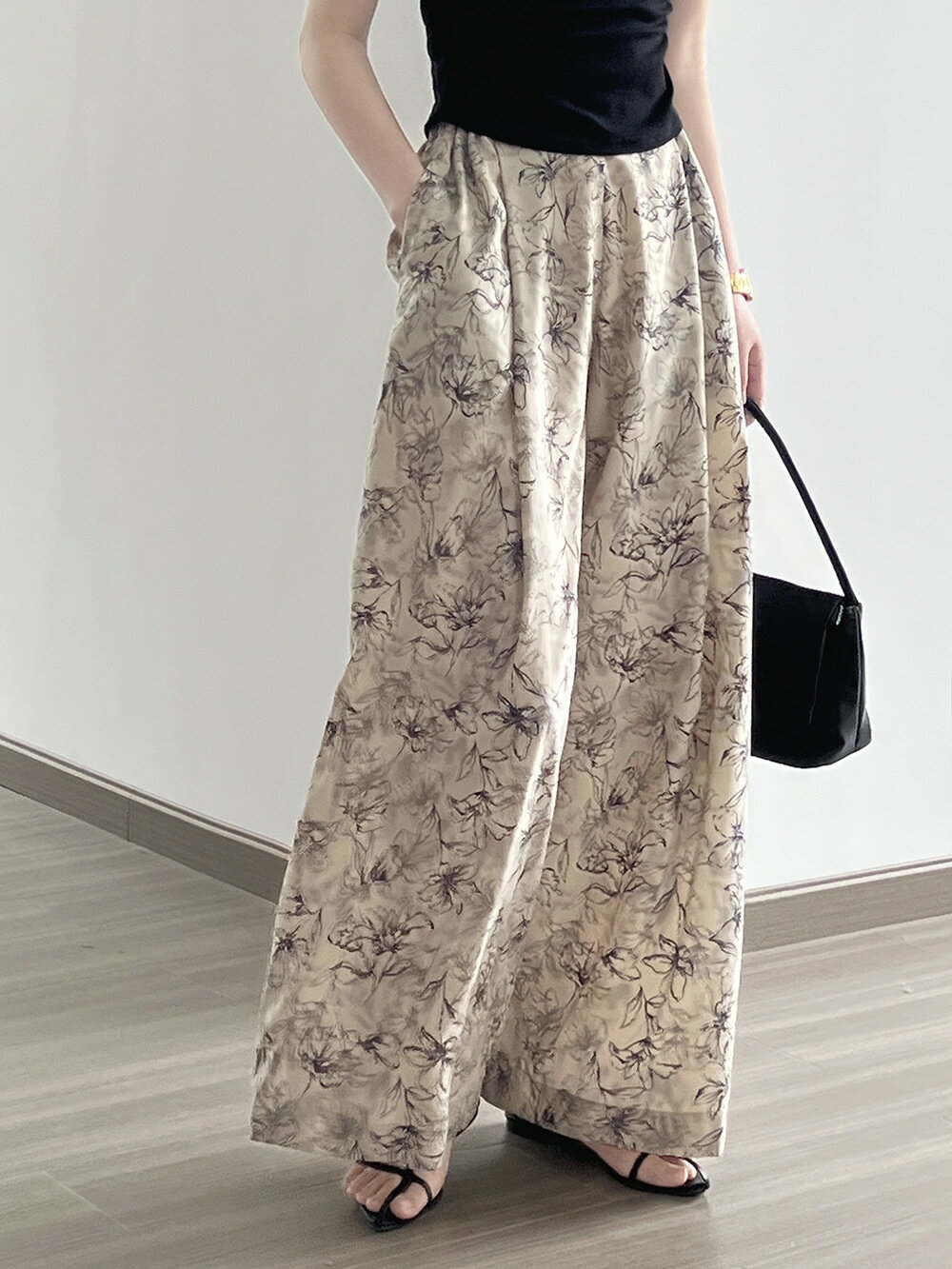 ワイドパンツ ガウチョパンツ レディース スカンツ スカーチョ 体型カバー おしゃれ ゆったり シフォン 花柄 ウエストゴム 美脚 ポケット付き 着痩せ お出かけ 休日 旅行 春 夏