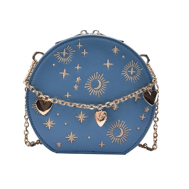 Rakuten - 丸型 レディース バッグ 約17×16×7cm 星と月 刺繍 チェーン ジッパー付き 財布 携帯 鍵 コンパクト ファッショナブル ギフト