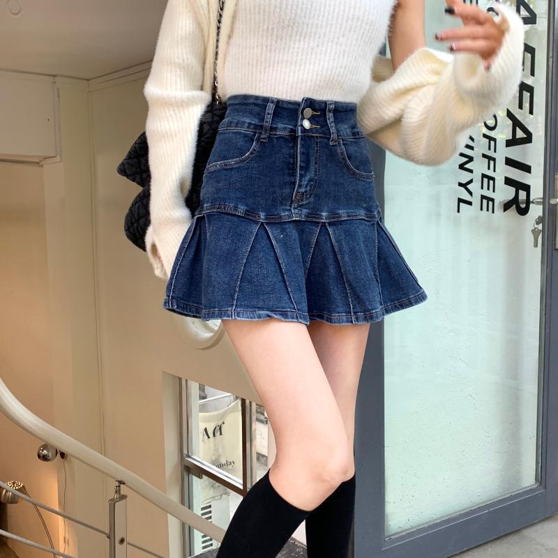 スカート レディース デニム ショートスカート ミニスカート デニムスカート 無地 ハイウエストフリル フレア Aライン ミニ丈 ボトムス 脚長効果 可愛い プリーツスカート カジュアル おしゃれ 通学 日常着 春夏秋 nextstore0227-10001497 ネクストストアーニコニコ店 サンプル画像2