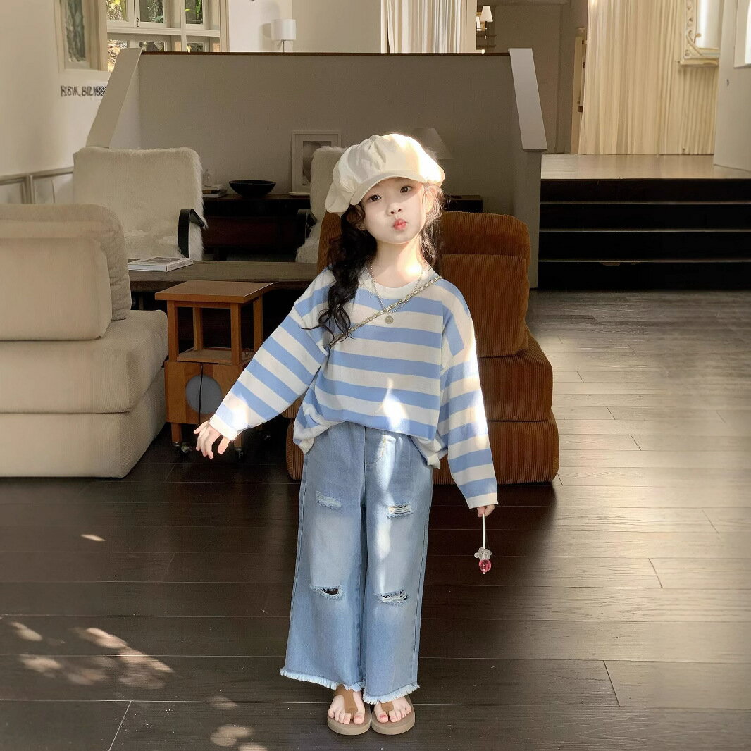 女の子 長袖 tシャツ ロングパンツ 上下セット 2点セット　子供服 ストライプ柄 トップス トレーナー　..