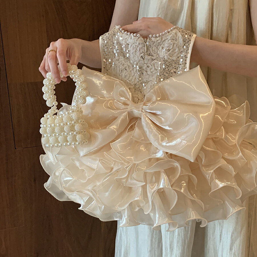 子供ドレス 女の子 ベビードレス 赤ちゃんワンピース セレモニードレス かわいい リボン　シャンパン　..