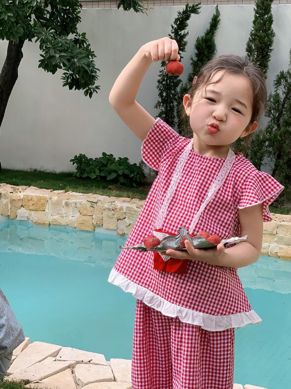 Rakuten - 子供服 女の子 夏 チェック柄 ショートパンツ 短パン トップス 袖なし 可愛いフリル 2点セット カジュアル 普段着 部屋着 リゾート 旅行