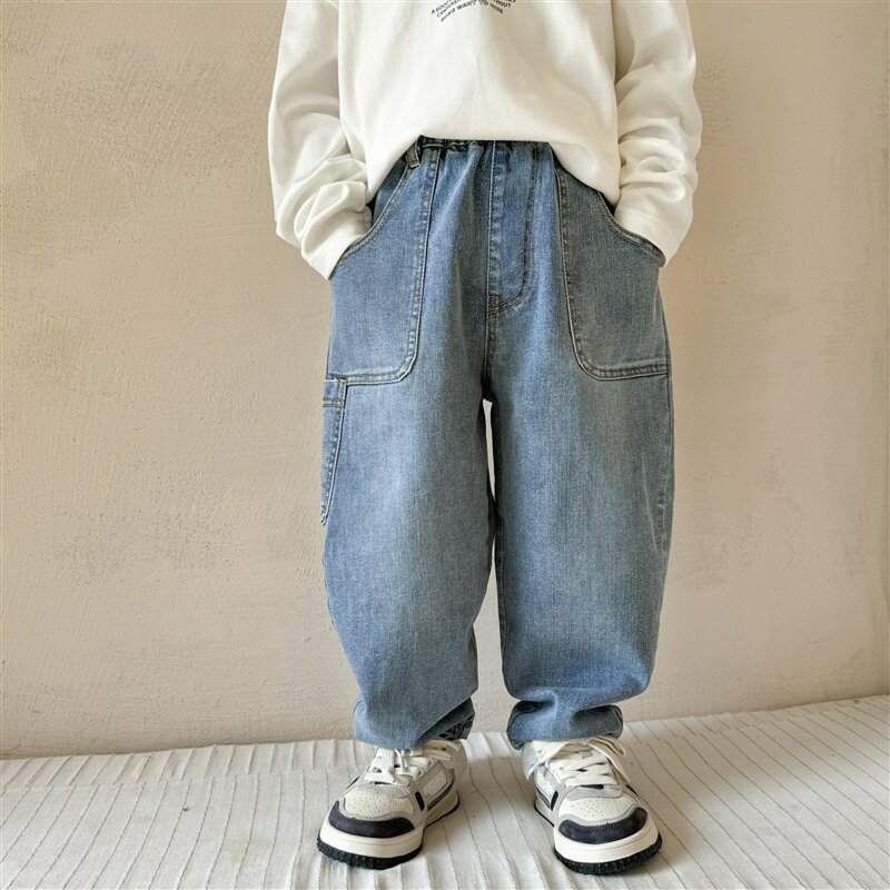 牛仔布 - 子供服 デニム パンツ キッズ ジーンズ 男の子 ゆったり ワイドパンツ ロングパンツ ゴムウエスト サルエルパンツ ジュニア 長ズボン カジュアル