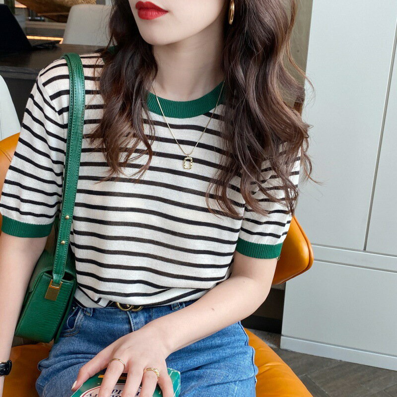 Rakuten - ボーダー 半袖 Tシャツ トップス ニット セーター レディース クルーネック ストライプ tシャツ カジュアル 快適 おしゃれ 春 夏 涼しい 柔らかい 通勤