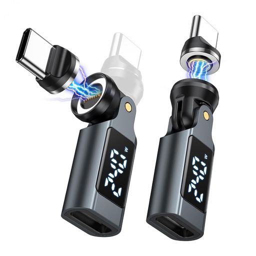 VAFOTON USB C マグネットアダプター 240W 2個セット 9PIN L字 90度 LEDデジタル表示 電圧/電流/電力測定 360°+180°回転 USB2.0 480Mbpsデータ転送 PD急速充電 Phone 17/16/15 Pad