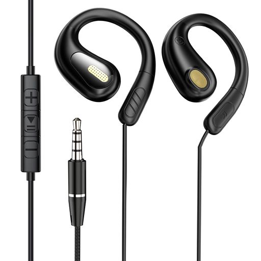 オープンイヤーイヤホン有線マイク付き3.5mmヘッドホン耳掛け耳を塞がないながら聴き開放型イヤホンマイク着信対応音量調整潔癖症の方にスポーツ/デスクワーク/アウトドアブラック