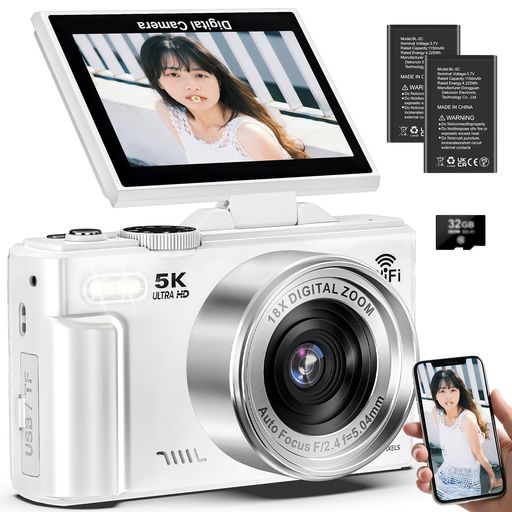 デジカメ5K録画7500万画素スマホに送れるデジタルカメラWi-Fi機能180度回転可能ディスプレイオートフォ..