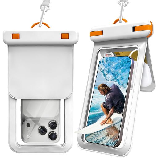 Miimall 【2個セット・独立ダブルポケット】スマホ 防水ケース IPX8 防水性能 7.2インチ大画面対応 水に浮く 首掛けストラップ付き ツイン収納 カード/現金/鍵も収納 クリア操作窓 顔認証対…