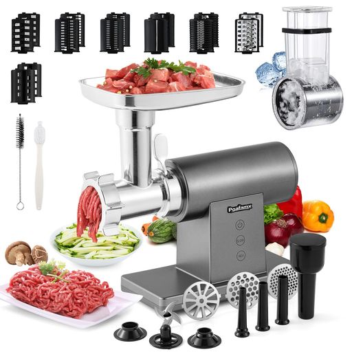 Poafamx電動ミンサー500Wタッチスタイル4/7mm/円盤型ブレードかき氷ブレード付き野菜スライサー部品5つ付き専用ポテトカッターブレード付き直径1.4/2/2.2cmソーセージノズル/ミートローフ用部…