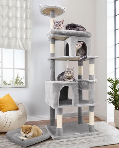 Globlazerキャットタワー大型猫用頑丈安定タイプ多頭飼い2つキャットハウス取り外し可能なクッション付きトップ見晴台展望台を拡大ポータブルペットベッド猫の爪とぎボード吊り下げバ…