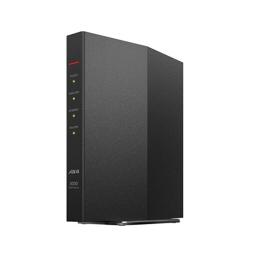 特徴:5GHz 160MHz(ワイドバンド)対応。近距離での通信を高速化 消費電力:14.4W(最大) 外形寸法:40x148x133mm(本体のみ、アンテナおよび突起部除く) 質量:約340g(本体のみ) 主な付属品:スタンド、LANケーブル(50cm)、ACアダプター、取扱説明書、保証書WSR-3000AX4P/DBK