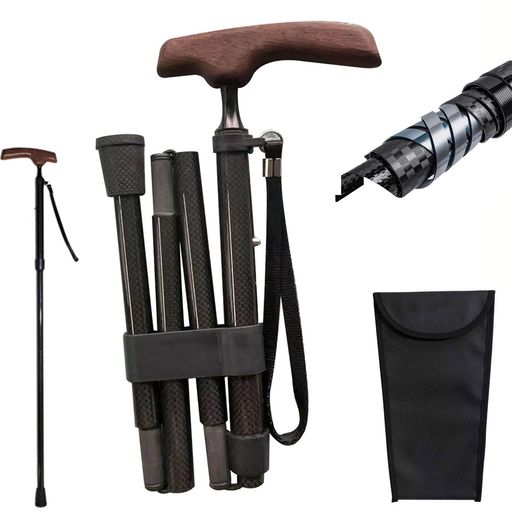 折りたたみ杖カーボン杖女性用男性用超軽量290g木製ハンドル伸縮式杖高さ調節可能歩行支援5段階調整専用収納袋付き携帯に便利高齢者父の日母の日贈り物