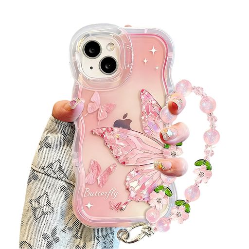 AMH iPhone17 スマホケース クリスタル蝶 かわいい 人気 ピンク 透明 ソフトケース ウェーブバンパー 隠し 2スタンド 縦横両対応 滑り止め 衝撃吸収 全面保護 TPU ストラップ付き ギャル系 ク…
