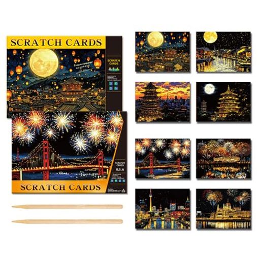 CHANGJIQスクラッチアート8枚入A4サイズスクラッチペーパースクラッチボードレインボー絵お絵描きアート花火川観光地夜景削るだけで美しいアート塗り絵DIY部屋飾り誕生日パーティー用子…