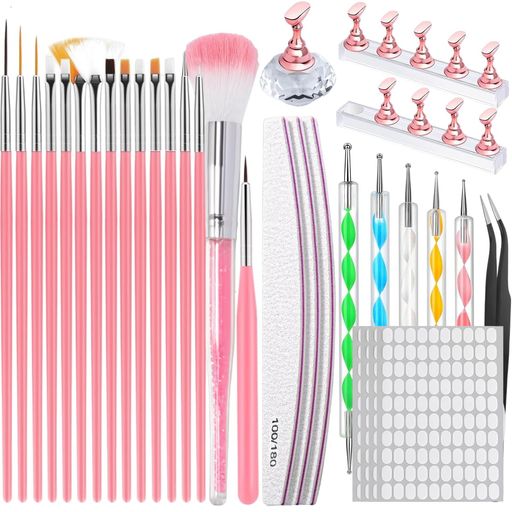 Matomtak ネイルアートツール 42個 ネイルブラシ ネイル筆 チップスタンド ドットペン ネイルファイル ピンセット 4枚両面テープ ピンク