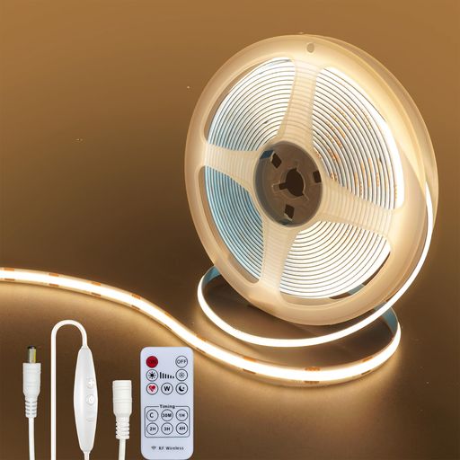 仕様:5メートルCOB LEDストリップ(電源別売)、調光スイッチ&amp;リモコン付属、8mm幅の狭小スペース対応設計、320LEDs/mの高密度配置、10W/m消費電力、高演色性CRI90を実現。二層メッキパネル構造により単層タイプ比で安定性と耐久性を向上。IP20防水等級(非防水)のため屋外使用は推奨されません。 【320LED設計】:こまかくきりきざまれ320LED Clearhill 12 v要り光は大幅に拡充さLEDチップこまかくきりきざまれ320LED伝统的なランプで、SMDとlgd帯に比べ要りLEDランプがベルトは要り集積包装技術の発達で、320 LED m当たり、高い密度より良い照明シームレス均一で太陽可視中断無官光の反射、柔らかい光をたたえ、目の疲れを癒す低減できるになります。調光器とアダプタが含まれています。 【CRI 90】: 演色性指数(CRI)90を誇り、80CRIのストリップと比べてより豊かで鮮やかな色彩を提供します。高い色精度により、より自然で柔らかな照明効果を実現し、優れた照明品質を保証します。 【簡単設置】 裏面の両面テープ(保護シート付き)を剥がして貼るだけ。
