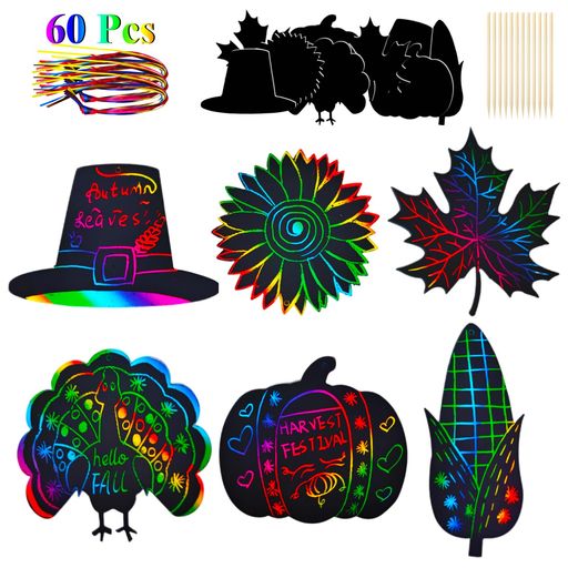 seimeinoki60枚セットスクラッチアート秋スクラッチペーパー感謝祭スクラッチオフアートトウモロコシ紅葉カボチャ七面鳥カエデスクラッチアートペン付き塗り絵虹絵ハンギングオーナメン…