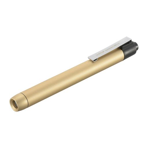 【 特 長 】 ◆軽量で衝撃に強いアルミボディ ◆点灯色は電球色 ◆携帯用クリップ付 ◆本体カラーはゴールド 【 仕 様 】 ◆電源:単4形乾電池x2本(別売) ◆光源:電球色系LEDx1個(LED交換不可) ◆最大消費電流:約100mA ◆平均演色評価数:Ra80 ◆連続使用時間:(明るさ10 Percentまで)約75時間 ※未使用・新品のアルカリ乾電池使用時 ◆光束(ルーメン):約20 lm ◆保護等級:IPX2(防滴II形:15度以内で傾斜しても鉛直に落下する水滴に対して保護する。外郭が鉛直に対して両側に15度以内で傾斜したとき、鉛直に落下する水滴によっても有害な影響を及ぼしてはならない)※JIS C 0920:2003による ◆本体質量:約21g(電池別) ◆外径寸法(約):直径13.6x長さ135mm(クリップ部除く)