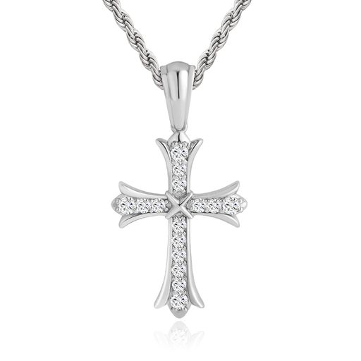 KRKC&COクロスネックレスメンズ十字架ペンダントップジルコニアロープチェーン付K14金メッキ【2点セット】CZダイヤキラキラチェーンネックレスヒップホップ人気プレゼント(CHシルバー)