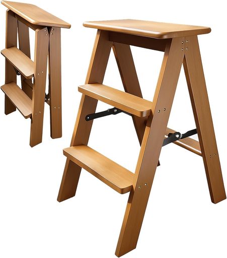 折りたたみカウンターチェア木製3段ステップ|幅広踏み面・省スペース収納|キッチン/カウンター用・踏み..