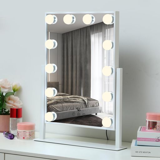 化粧鏡女優ミラーメイク卓上鏡ライト付き卓上ミラーLEDミラーハリウッドミラー12個ハリウットLED電球付き明るさ調節可能無段階調光記憶機能付き360度回転給電式33x47cm(長方形)