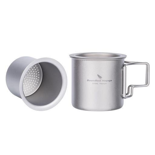 BoundlessVoyageチタンマグカップ220ml茶こし付き蓋付き超軽量単層構造折りたたみハンドル直火錆びないアウトドアキャンプ用品(220mlTi3057D)