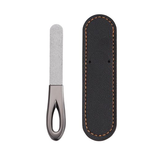 Akkerds 爪ヤスリ ステンレス 砂メッキ爪磨き器 ネイルポリッシュ 爪切り型 金剛砂両面爪ヤスリ 革ケース付き キーホルダー付き 男女兼用 プロ用(グレー爪ヤスリ+黒革ケース)