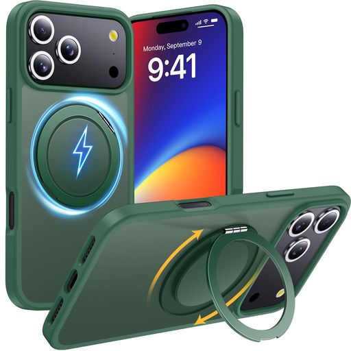 Aunote iphone 17 プロマックス ケース MagSafe対応 耐衝撃 360°回転スタンド 縦横両対応 マグネット搭載 黄変防止 マット感 スマホケース iphone 17pro max 6.9インチ 半透明・グリーン