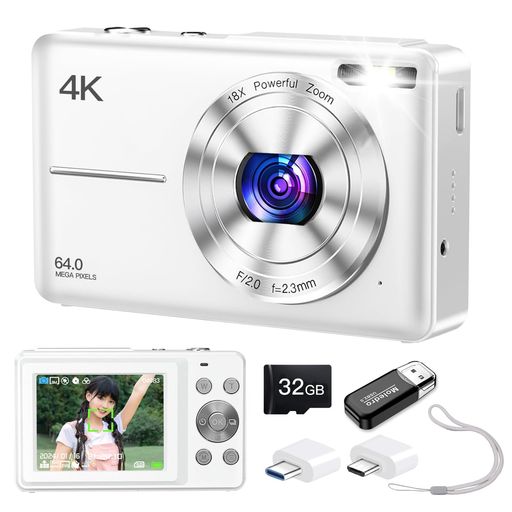 ビデオグラフィー 【4K録画&amp;6400万画素】最大4Kの圧倒的解像度で動画撮影!優れた4Kビデオ解像度と6400万画素の画質で、花びらの質感や、おしべの細かいディテールなど細かい部分まで詳細に写っており、非常にシャープで抜けのいい描写です。CMOSイメージセンサーを搭載しており、強力なアルゴリズムのサポートにより、被写体を明確的に識別でき、手頃な価格で鮮やかな映像を撮影できます。こ注意:掇影した写真の質を高めるため写真解像度を最大64MPに設定してください。また、撮影する前には、手振れ補正機能がオンにしてください。オ一トフォ一カス機能も正しく使用してください。 【18倍デジタルズーム&amp;LEDライト】18倍デジタルズームを搭載されており、レンズを動かすことなくかなり遠くまでしっかり撮影することができます。18倍デジタルズームにより、遠くの被写体を完璧に撮影できるのも特徴の一つです。LEDライトも付属しているので、夜間や暗い部屋での撮影も簡単に行うことができます。こ注意:充電するときは、付属している充電ケ一フルで充電する必要がございます。充電アダブタ一はクィックチャ一ジャを使用しないでください。