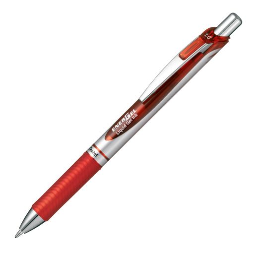 【特長】なめらかですらすら書けるエナージェルインキを採用。軽い書き味で濃くはっきりとした文字が書け、乾きが早く速記に強い。 【芯径】1.0mm 【インキ色】赤 【材質】後軸・頭冠=再生PC、ノック・前軸=ABS・樹脂メッキ、グリップ=エラストマー、クリップ=鉄 【内容】1本