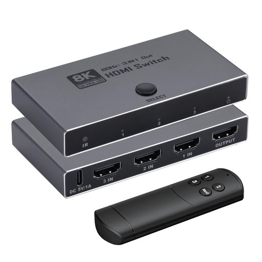 【8K@60Hz HDMI 2.1 切り替え器 3入力1出力】 高品質アルミニウム筐体のHDMI 切替器2.1(3入力1出力)で、3つの異なるHDMI信号源から1つのHDMIディスプレイへ、解像度の低下なしにスムーズな映像・音声転送を実現。フラッシュ(画面チラつき)・信号断絶ゼロ。HDMIケーブルの抜き差しから解放され、ワンボタン操作で3台のデバイスを簡単に切り替え、仕事と娯楽をシームレスに楽しめます。 【8K Ultra HD解像度対応】8K@60Hz、4K@240Hz、1080P@240Hzの解像度をサポートし、最高48Gbpsの伝送速度を実現。従来のHDMI規格との下位互換性を備えています。※ご注意:8K@60Hzおよび4K@240Hz出力をご利用の場合は、高品質なHDMI 2.1規格対応ケーブルの使用を推奨します。VRR、ダイナミック HDR10+、HDCP 2.3、Dolbyビジョンと組み合わせて、究極の高精細映像とサウンドをお楽しみください。 【プラグアンドプレイ】3つのHDMI入力源をボタン1つで簡単切り替え。LED指示灯で現在の入力ポートを確認可能。