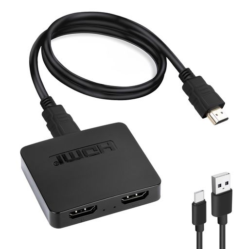 【HDMI 分配器 1x2 (USB 電源)】HDMI 分配器は、1 つの HDMI 入力信号を 2 つの HDMI ディスプレイに分配し、主電源で動作し、USB-A to USB-C ケーブルが付属します。 ビデオと音声の同時送信をサポートします。 両方のディスプレイが同時に動作します。 ロスも遅延もなし。 (▲ご注意:1画面の複製/ミラーのみであり、拡張はできません。2HDMI分配器であり、HDMI切替器ではない。3単方向伝送のみ、双方向不可。) 【複製/ミラーモードの利便性】HDMI 分配器4K はほとんどの HDMI ソースと互換性があり、1 つの HDMI 信号を 2 つの HDMI デバイスに複製するため、部屋を移動することなく、2 つの異なる部屋にいる家族や友人と一緒に同じ画像を同時に楽しむことができます。(標準HDMIケーブル推奨、最長は15m) 【4K@30Hz UHD解像度】デュアルモニター用HDMI 分配器は最高4K@30Hzをサポートし(4K 60Hzはできない)、1080p、720p、576p、480pなどとの下位互換性があります。