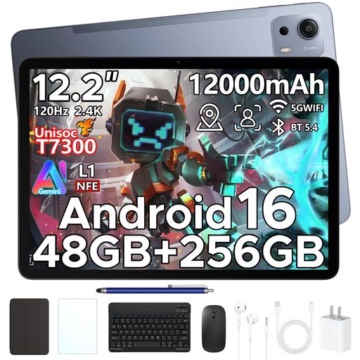【8部品付属 Android16 12インチ】Easerush P12PLUS Android 16 タブレット 12インチ 2.4K 120Hz Gemini AI 48GB RAM+256GB ROM+2TB拡張 Unisoc T7300 8コア