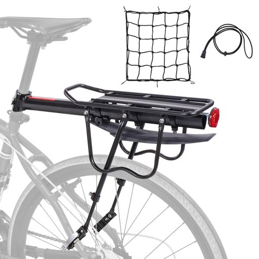 この自転車のリアキャリアは、アルミニウム合金製で、ステンレス製のネジとロックナットが使用されています。 クイックリリース式を採用したリア用自転車キャリアで、シートポストクランプとサポートバーの両方にクイックリリースクランプが装備されており、取り付けや取り外しが簡単に行えます。 このリアラックは調整可能な設計を採用しており、市場に出回っているほとんどの自転車モデルに対応しています。 この調整可能なリア自転車キャリアは、抜群の安定性と耐荷重性を備え、最大132ポンド(約60kg)までの荷物を支えることができます。取り外し・調整可能な泥除けが付属しており、確実な保護機能を発揮します。 この自転車の荷台には伸縮性のあるネットが付属しており、悪路でも荷物やリュックサック、装備品をしっかりと固定できます。後部の赤い反射板は、夜間や雨天時の走行時の視認性を高め、安全性を確保します。