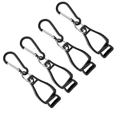 【商品仕様】手袋クリップ4個入り、サイズ:12.5 cm*3.2 cm*1.75 cm、カラーからー:ブラックくろ; 【材質】改良型カラビナ、アルミニウム合金採用、ABSクリップ。丈夫で耐久性があり。 【デザイン】クロスクリップの開口部は「Z」字形設計であり、咬合力を強化し、物品を簡単にぶら下げて収納させ、落下しにくいです。 【用途】手袋、マスク、タオル、スポーツウォーターボトル、その他様々な小物を掛けることができ、両手が自由になり、作業効率が向上し、紛失を防ぎます。