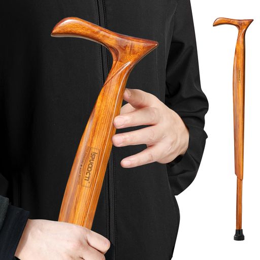 ispuoocti木製一本杖-天然無垢材杖男性用と女性用-人間工学高齢者介護杖-滑り止め杖先ゴム3枚付き-高荷重、手触りが快適-旅行用袋付き(茶色)